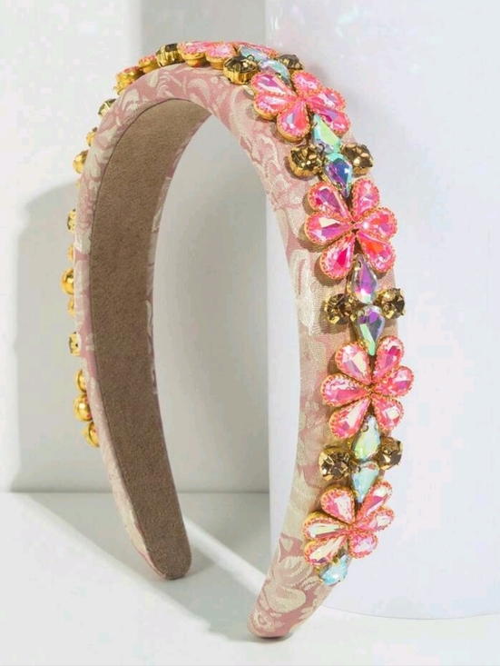 Accessories - Embellished Pink Floral Headband with Crystal Accents
